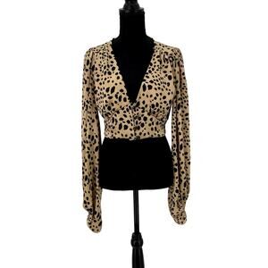 Windsor Cheetah‎ Animal Print Crop Top Blouse S Puff Sleeve Elastic Wrist